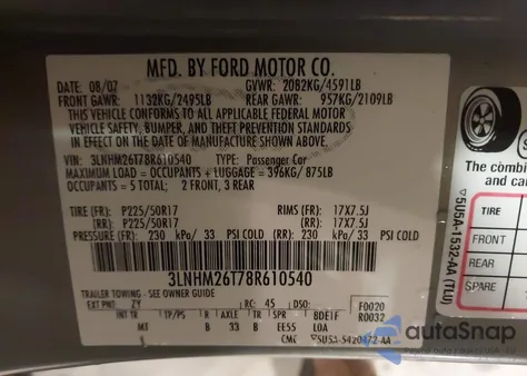 2008 Lincoln Mkz из США, поврежденный, VIN 3LNHM26T78R610540